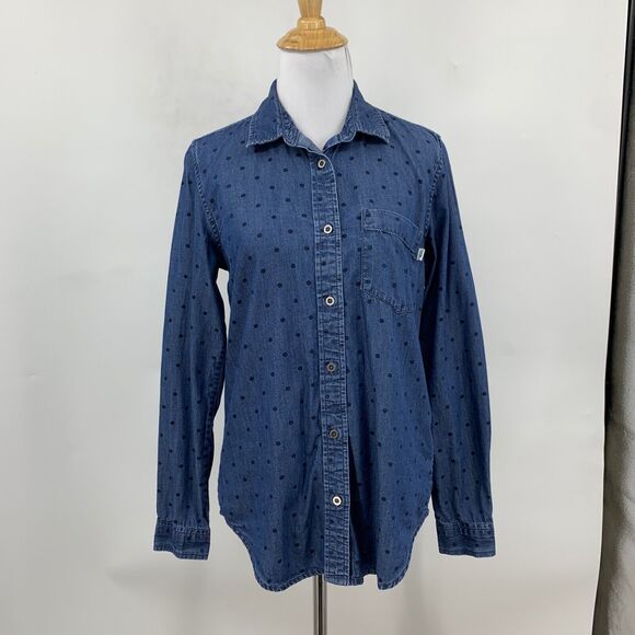 VANS Shirt Womens S Small Indigo Polka Dot Denim So Rowdy Droptail Spread Collar - Picture 2 of 13